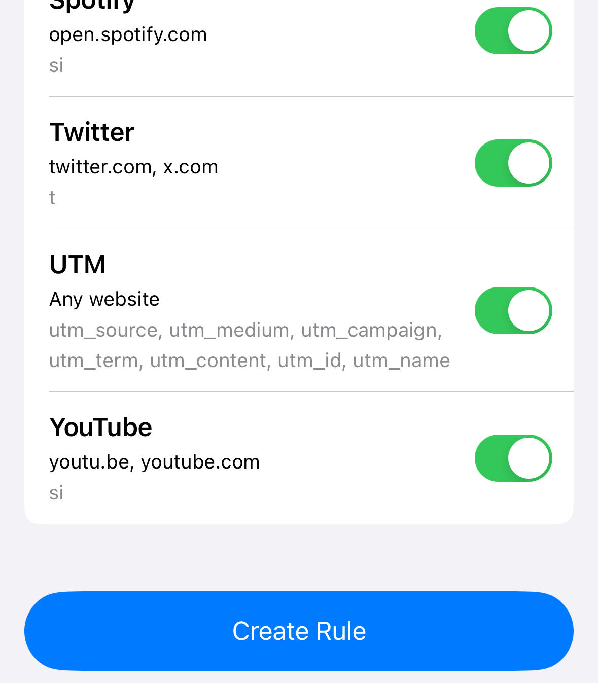 Screenshot of Clean Share app showing rules for remove tracking
